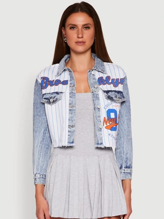 Revamped Rainbow Brooklyn Baseball Graphic Jean Jacket - Picture 8 of 9